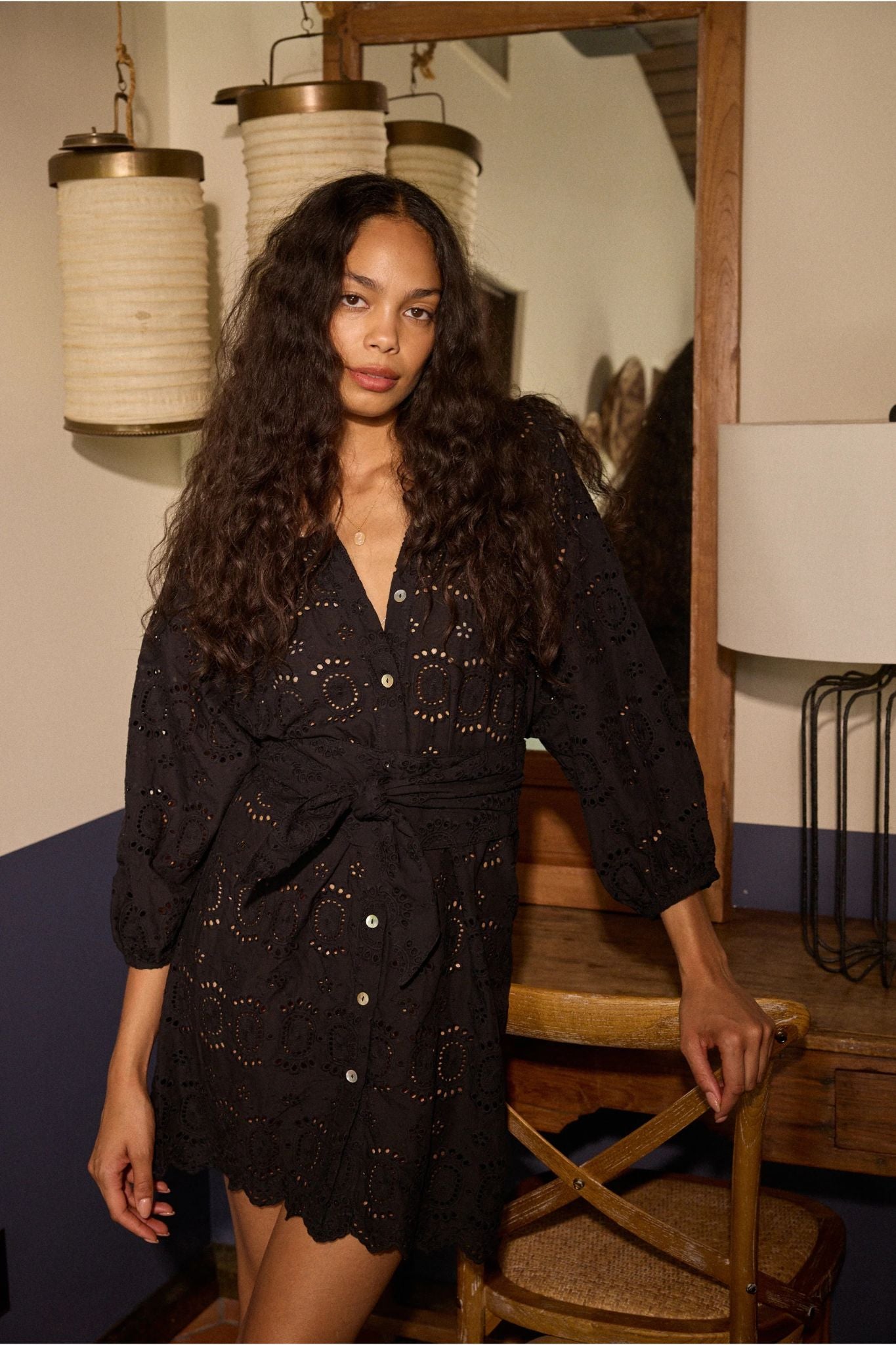 Natalie Martin Alex Short Dress With Sash Belt Medallion Embroidery Black / M Natalie Martin Alex Short Dress With Sash Belt Medallion Embroidery Black / M