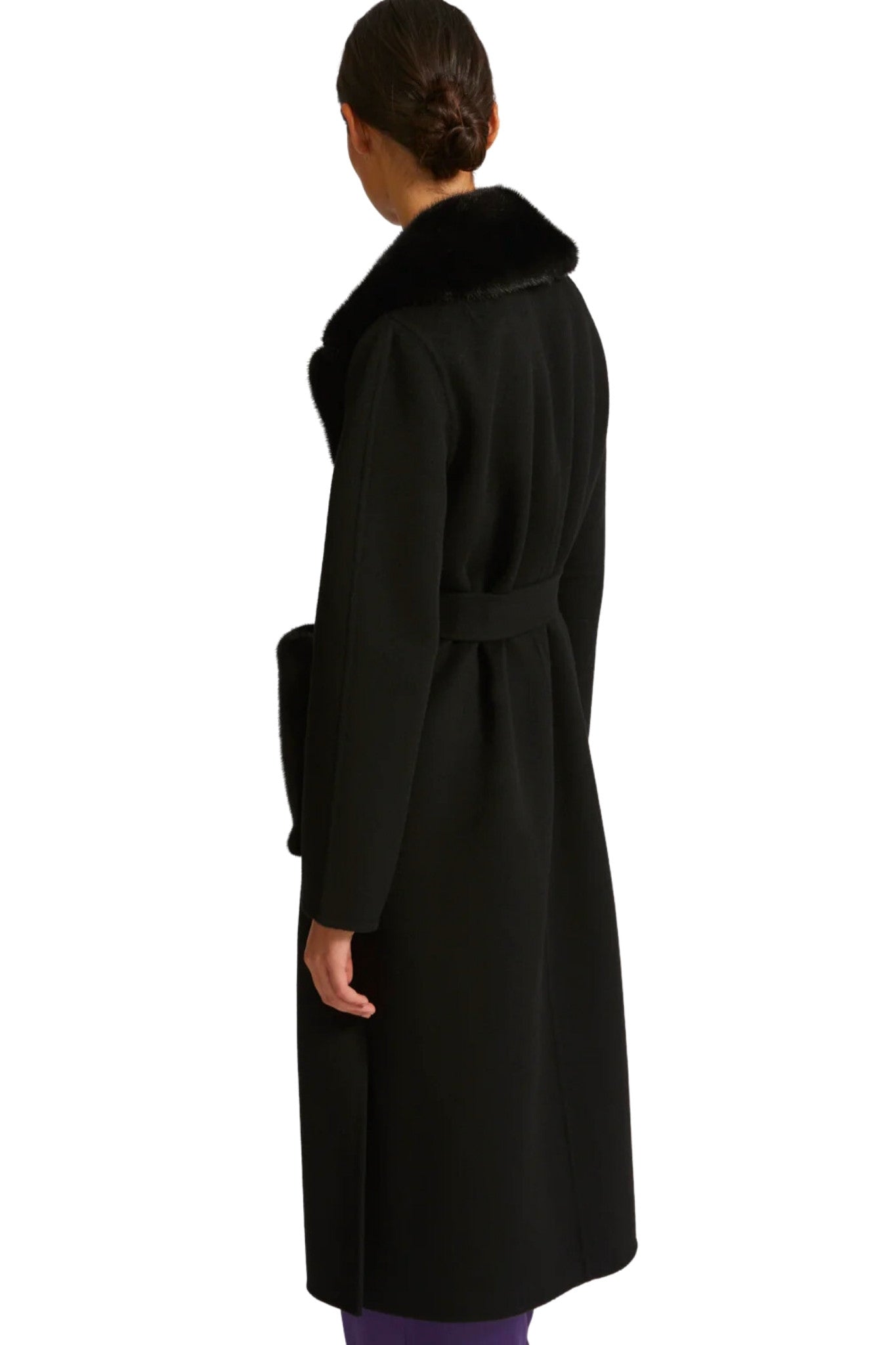 Yves Salomon Belted Coat in Cashmere Wool with Mink Fur Collar and Over Pockets