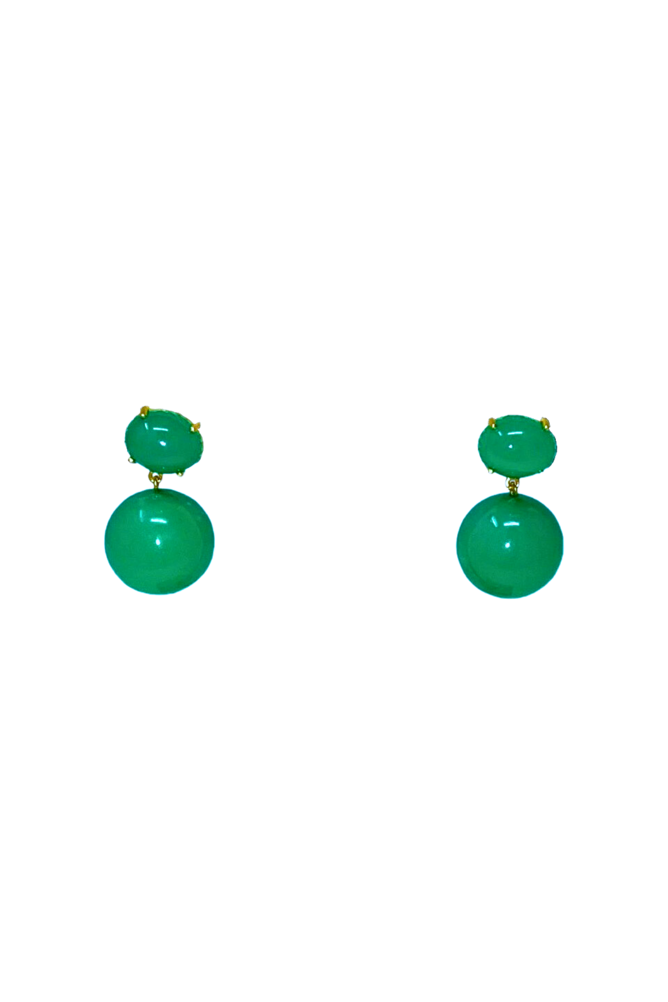 Irene Neuwirth Gumball 18k Yellow Gold Post Earring set with 11x9 Chrysoprase Oval Cabochons and 16mm Chrysoprase Spheres