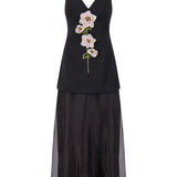 Lela Rose 3D Peony Embroidered Faille V-neck Dress