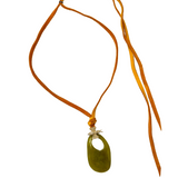 V497B The Woods Green Stone with Bee Charm on Brown Leather Necklace