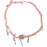 Joie DiGiovanni Gemstone Single Strand Necklace- Cotton Candy Barbie Dream Sky Pearl Labradorite & Rose Gold Lucky Charm Silk Rocker Choker