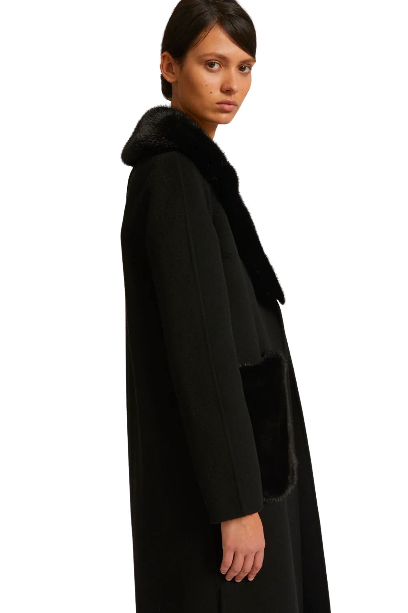 Yves Salomon Belted Coat in Cashmere Wool with Mink Fur Collar and Over Pockets