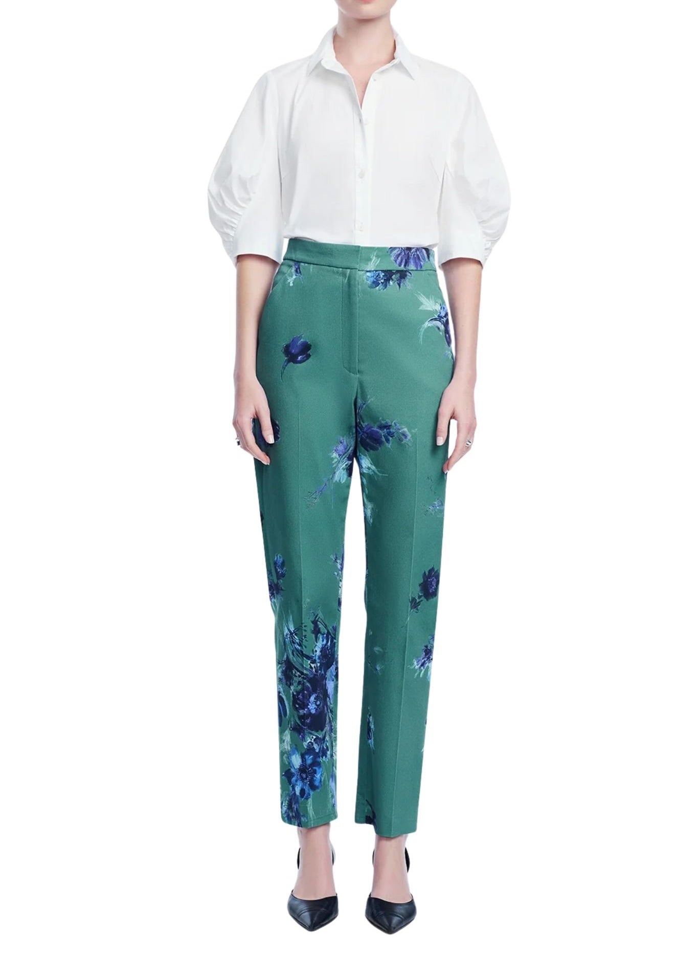 Lela Rose Cotton Poplin Shirred Sleeve Shirt