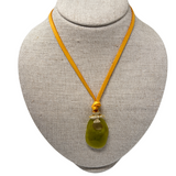 V497B The Woods Green Stone with Bee Charm on Brown Leather Necklace