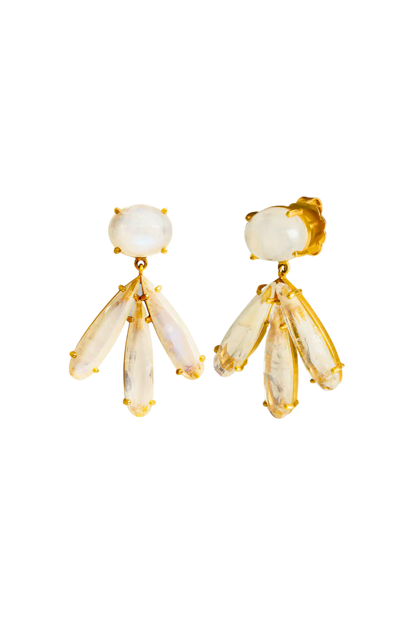 Irene Neuwirth Classic 18K Yellow Gold Post Earrings set with 11x9 Ovals and 20x5 Rose Cut Pear Shape Rainbow Moonstone
