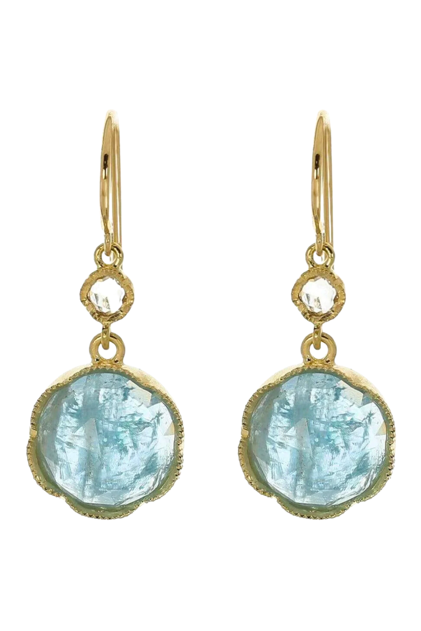 Irene Neuwirth 18k Yellow Gold Earring with 11mm Rose Cut Fine Aquamarine and 3mm Rose Cut Diamonds (0.16 cts)