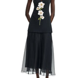 Lela Rose 3D Peony Embroidered Faille V-neck Dress