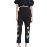 Lela Rose Tulip Crystal Embroidered Stretch Cotton Pant