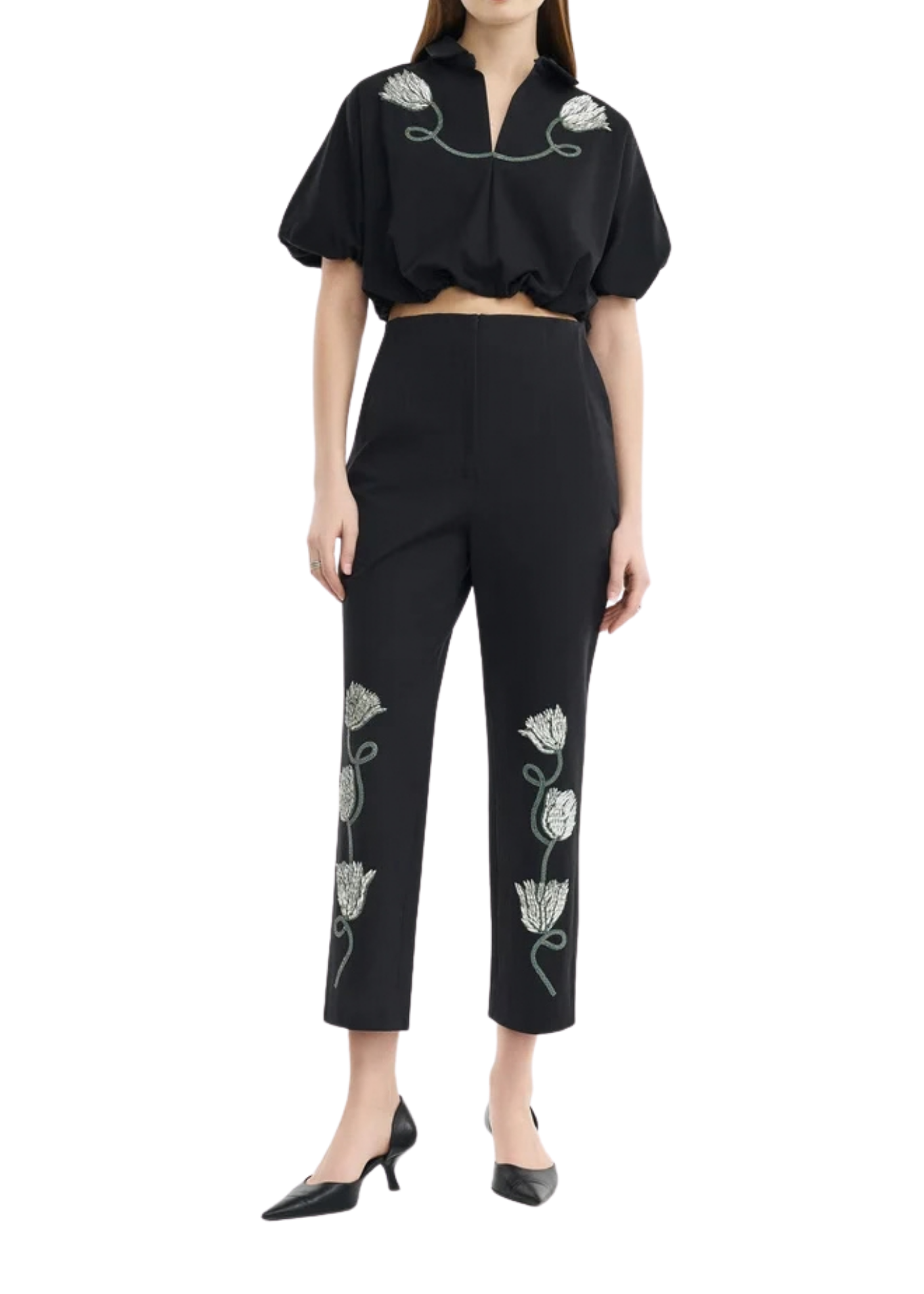 Lela Rose Tulip Crystal Embroidered Stretch Cotton Pant