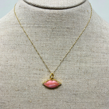V47 The Woods Pink Lips Pendant with Diamond Pave on a 14k Yellow Gold Chain