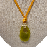 V497B The Woods Green Stone with Bee Charm on Brown Leather Necklace