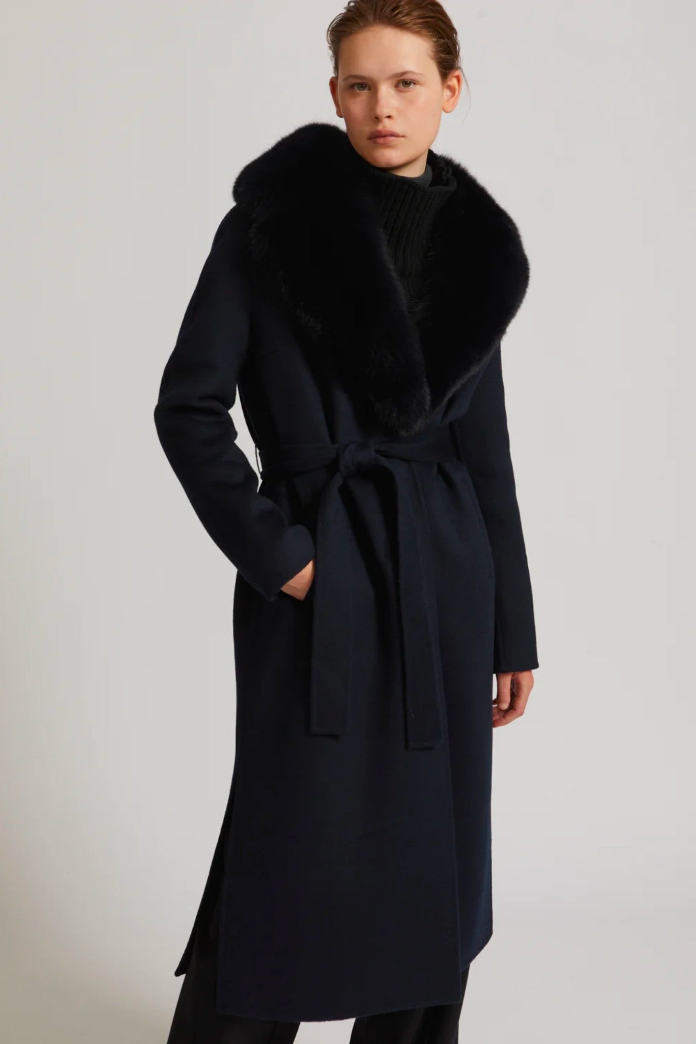Yves Salomon Blended Cashmere Double Faced Coat w/ Fox Trimming