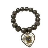 V11545 The Woods Etched Silver Beaded Bracelet with Brass Heart Charm