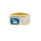 Brent Neale Semi-Precious Emerald Cut Gypsy Ring with Cascading Diamond Baguettes Blue Topaz