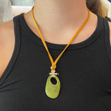 V497B The Woods Green Stone with Bee Charm on Brown Leather Necklace