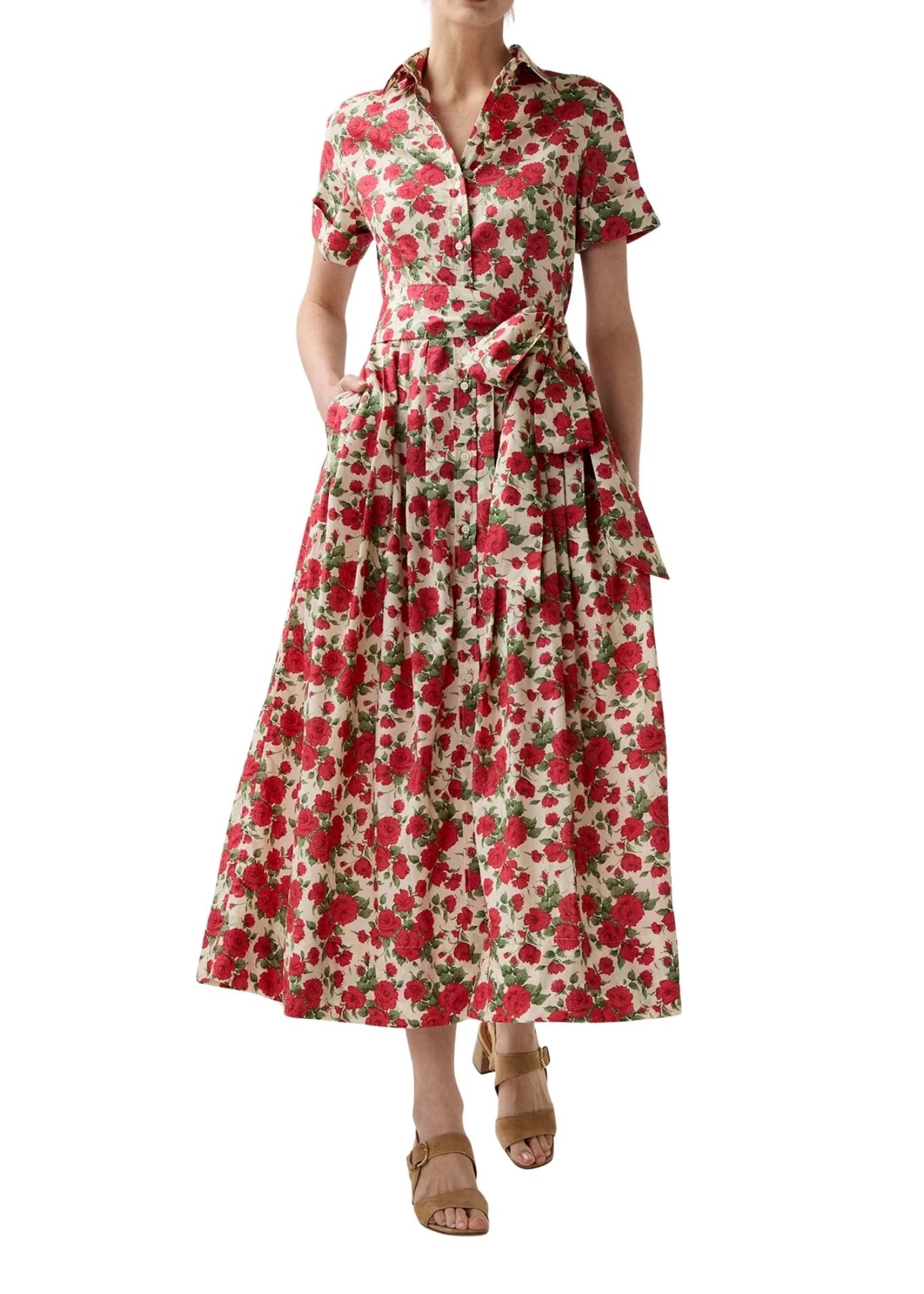 Ann Mashburn Short - Sleeved Shirtwaist Maxi Dress - Vermillion