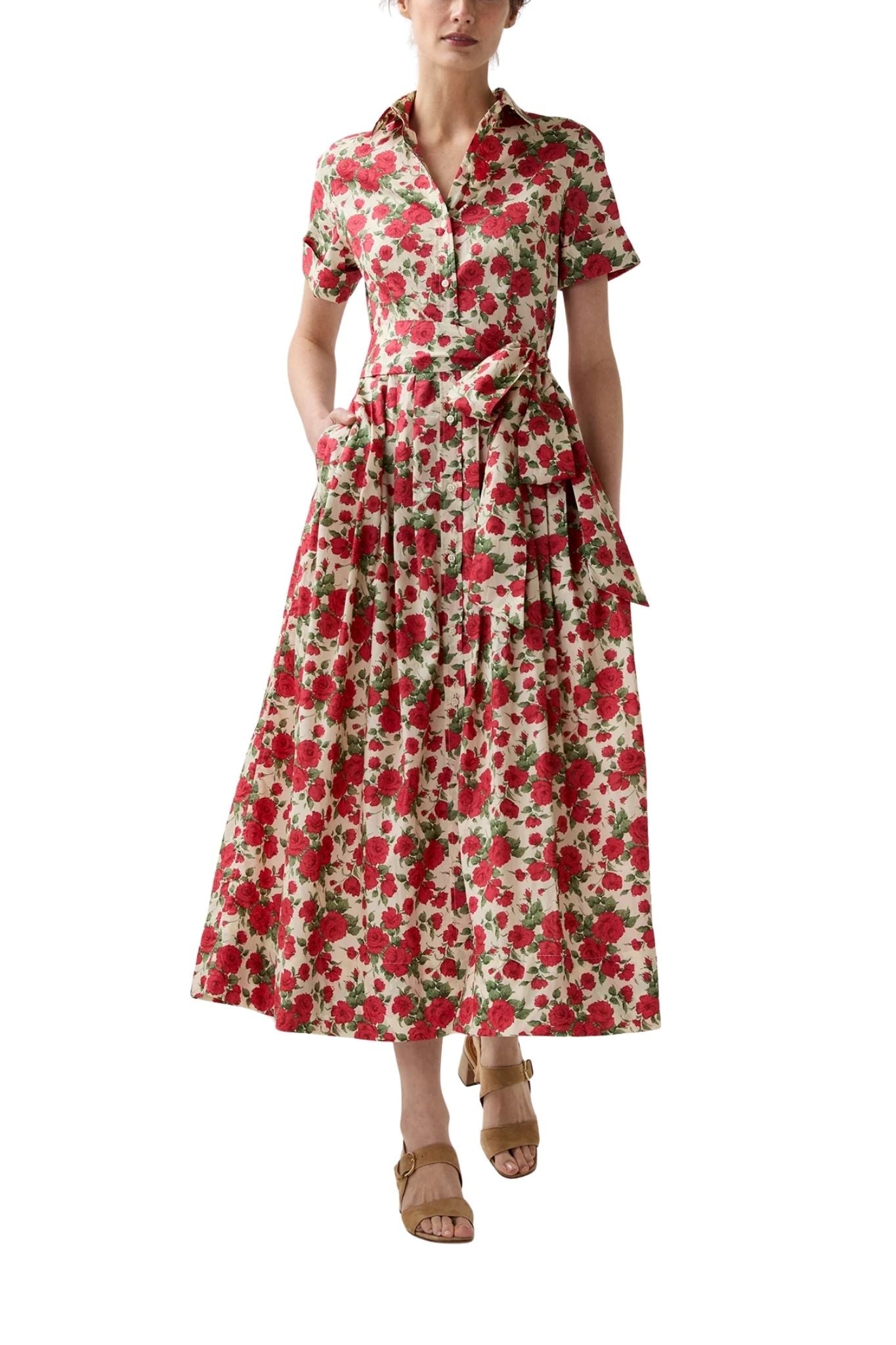 Ann Mashburn Short - Sleeved Shirtwaist Maxi Dress - Vermillion