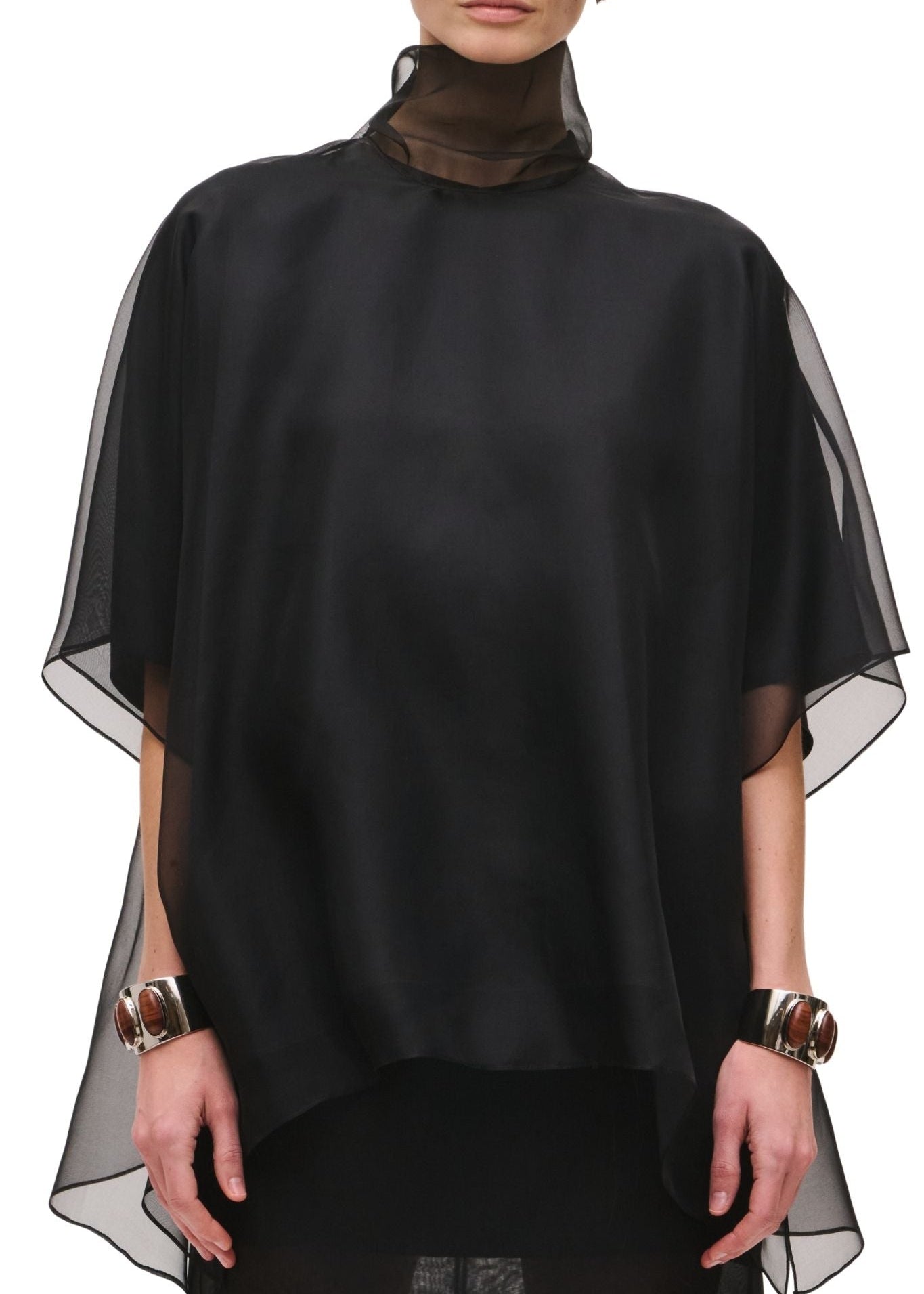 Brandon Maxwell Cali Organza Blouse w/ Neck Tie & Satin Liner - Vermillion