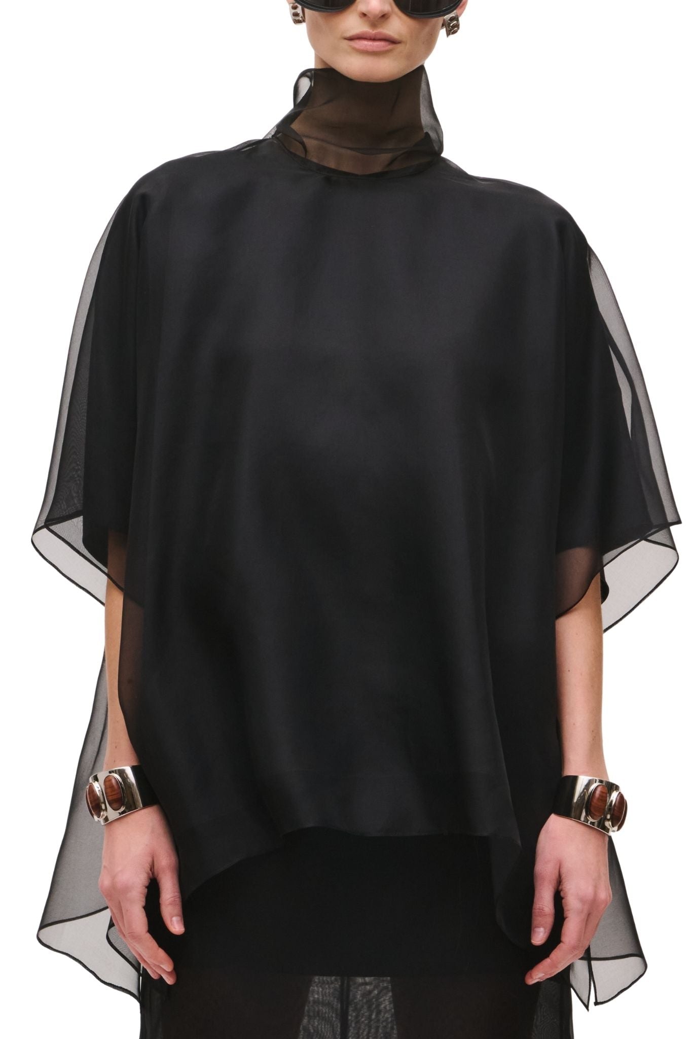 Brandon Maxwell Cali Organza Blouse w/ Neck Tie & Satin Liner - Vermillion
