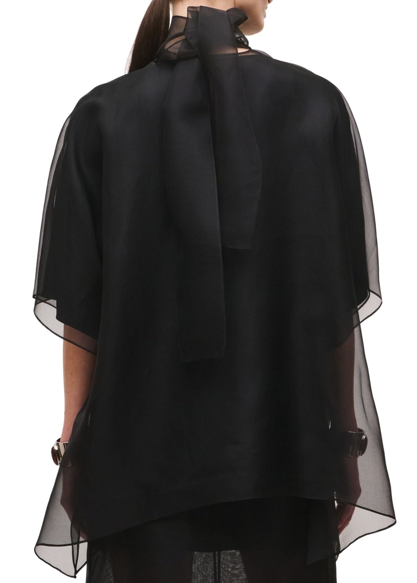 Brandon Maxwell Cali Organza Blouse w/ Neck Tie & Satin Liner - Vermillion