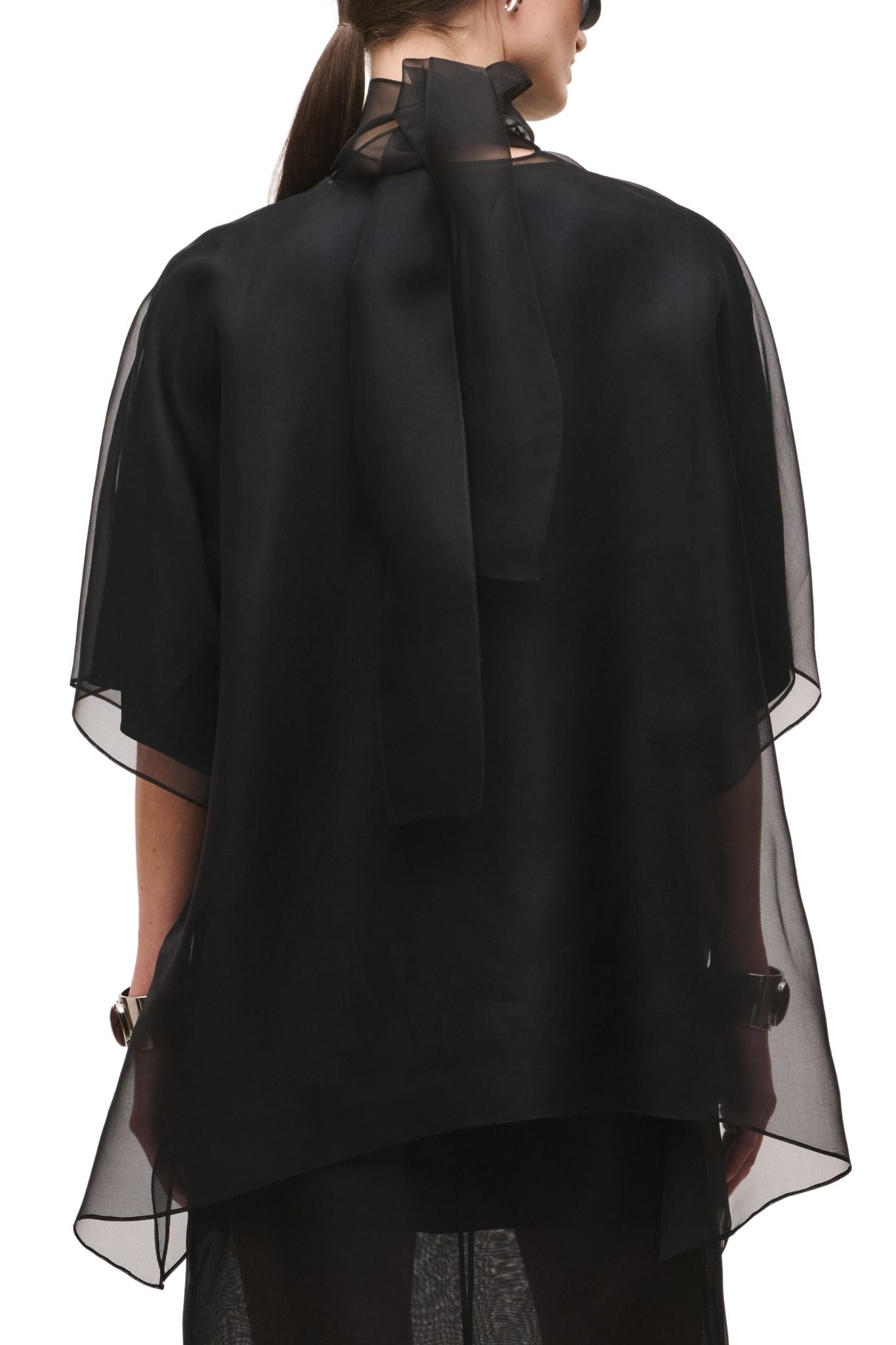 Brandon Maxwell Cali Organza Blouse w/ Neck Tie & Satin Liner - Vermillion