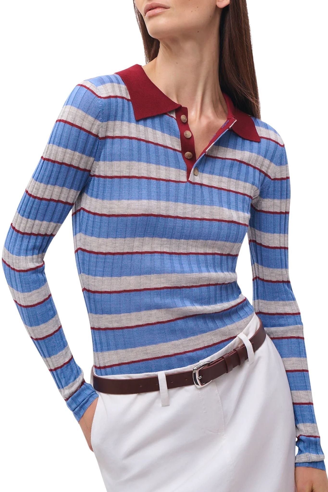 Brandon Maxwell Joni Knit Polo Top - Vermillion