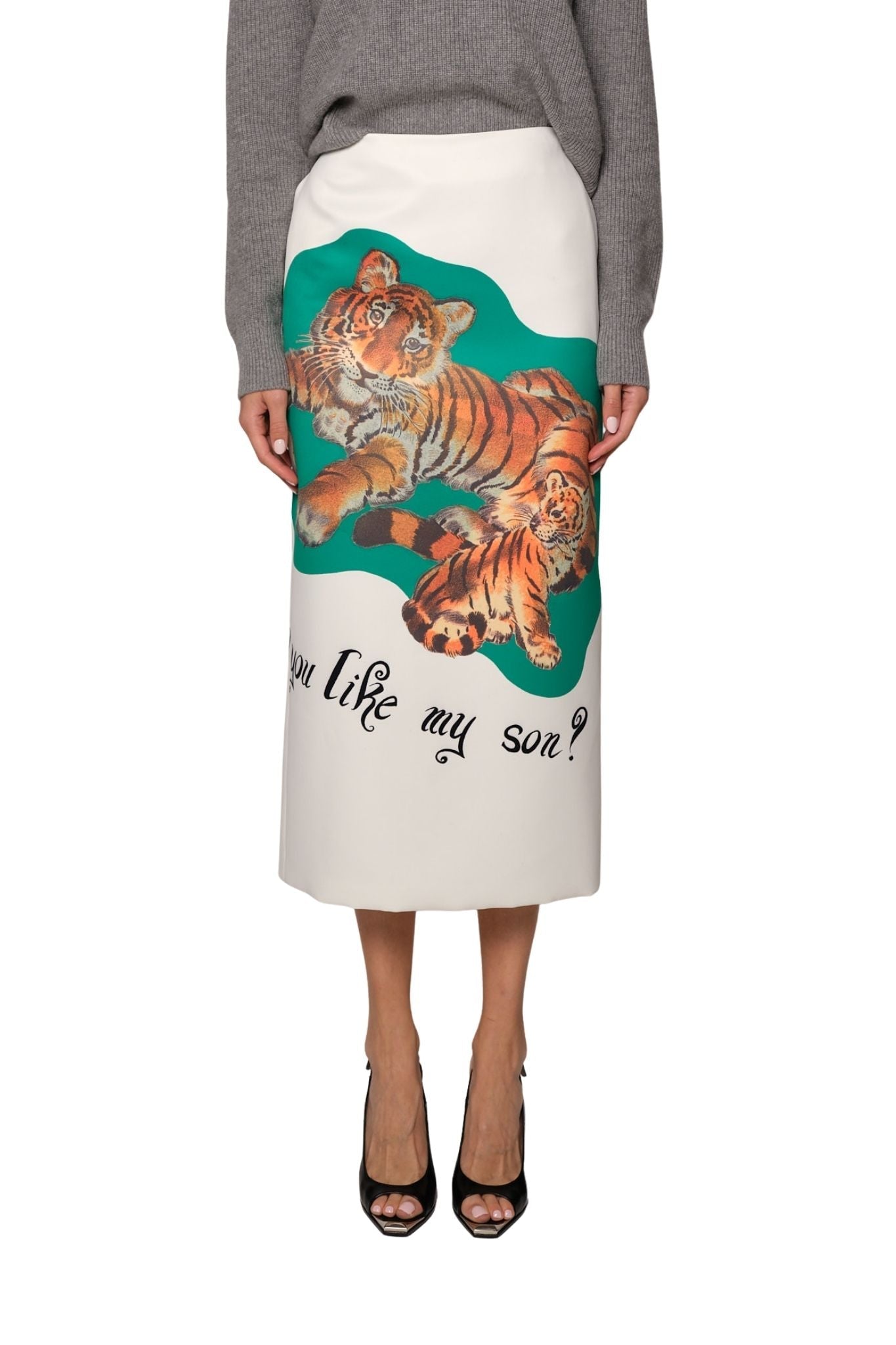 Brandon Maxwell Mercer Pencil Skirt with Tiger Graphic - Vermillion