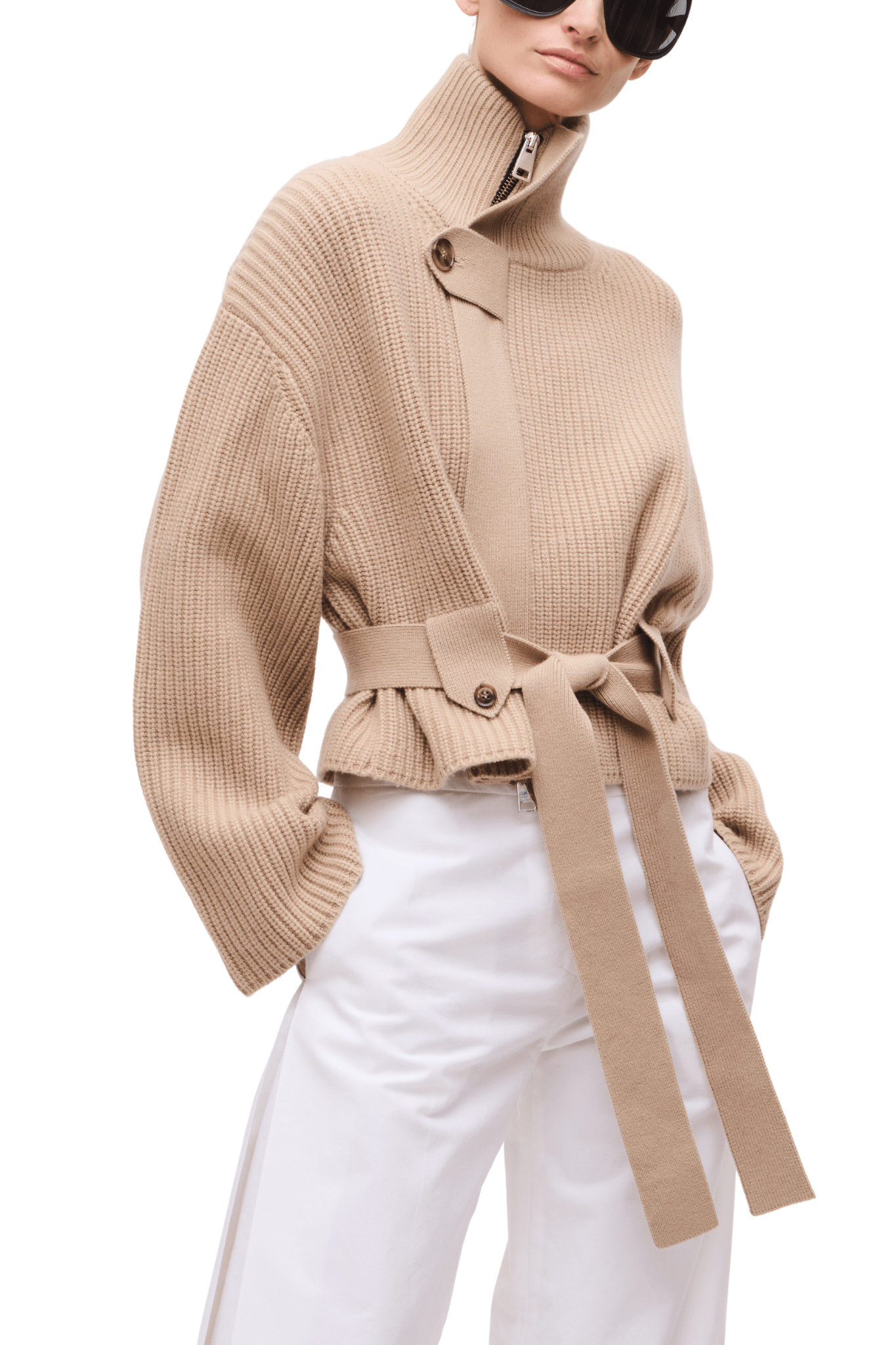 Brandon Maxwell Neal Zip Front Sweater with Tie Belt - Vermillion