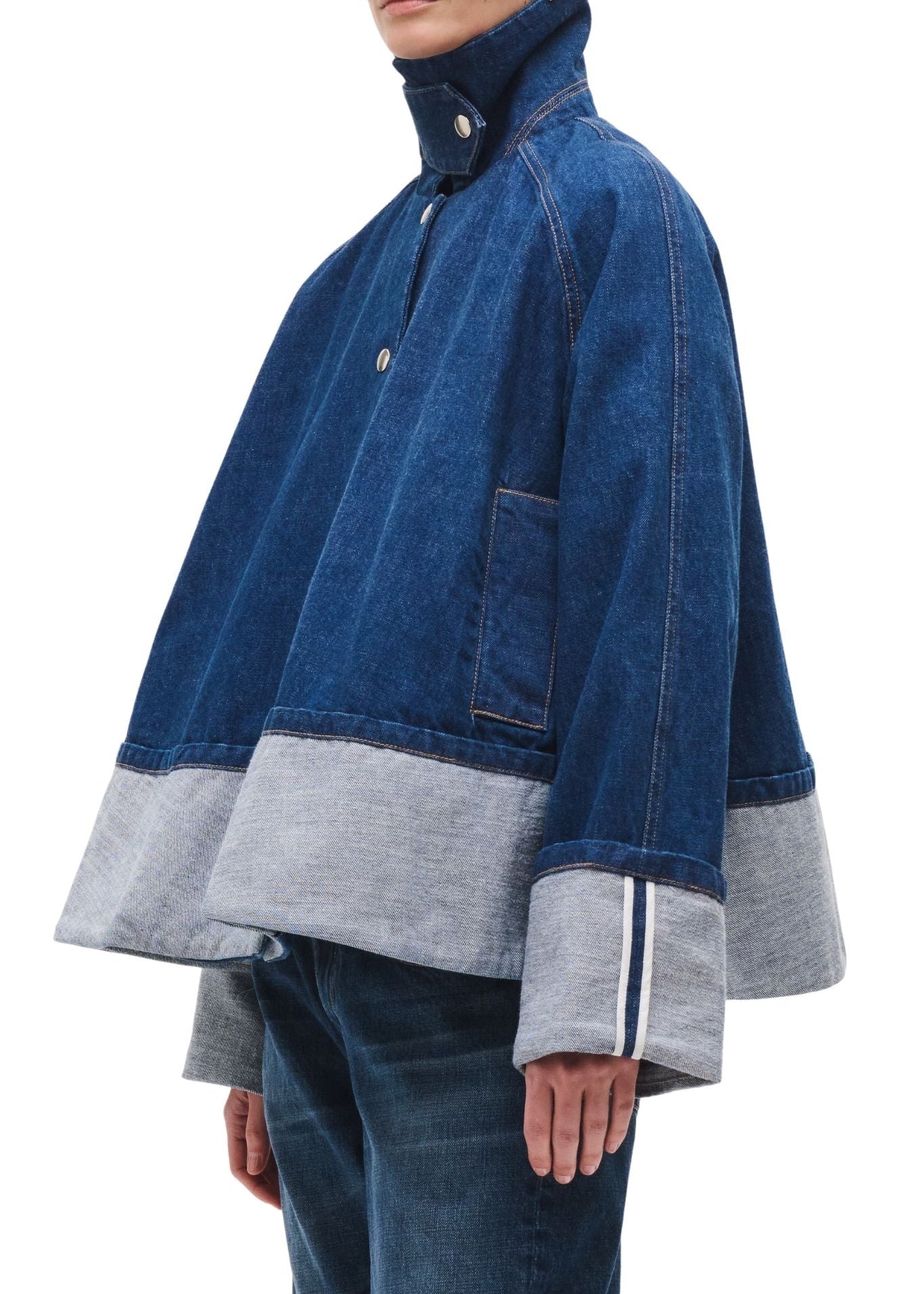 Brandon Maxwell Wells Trapeze Denim Jacket w/ Cuff Detail - Vermillion