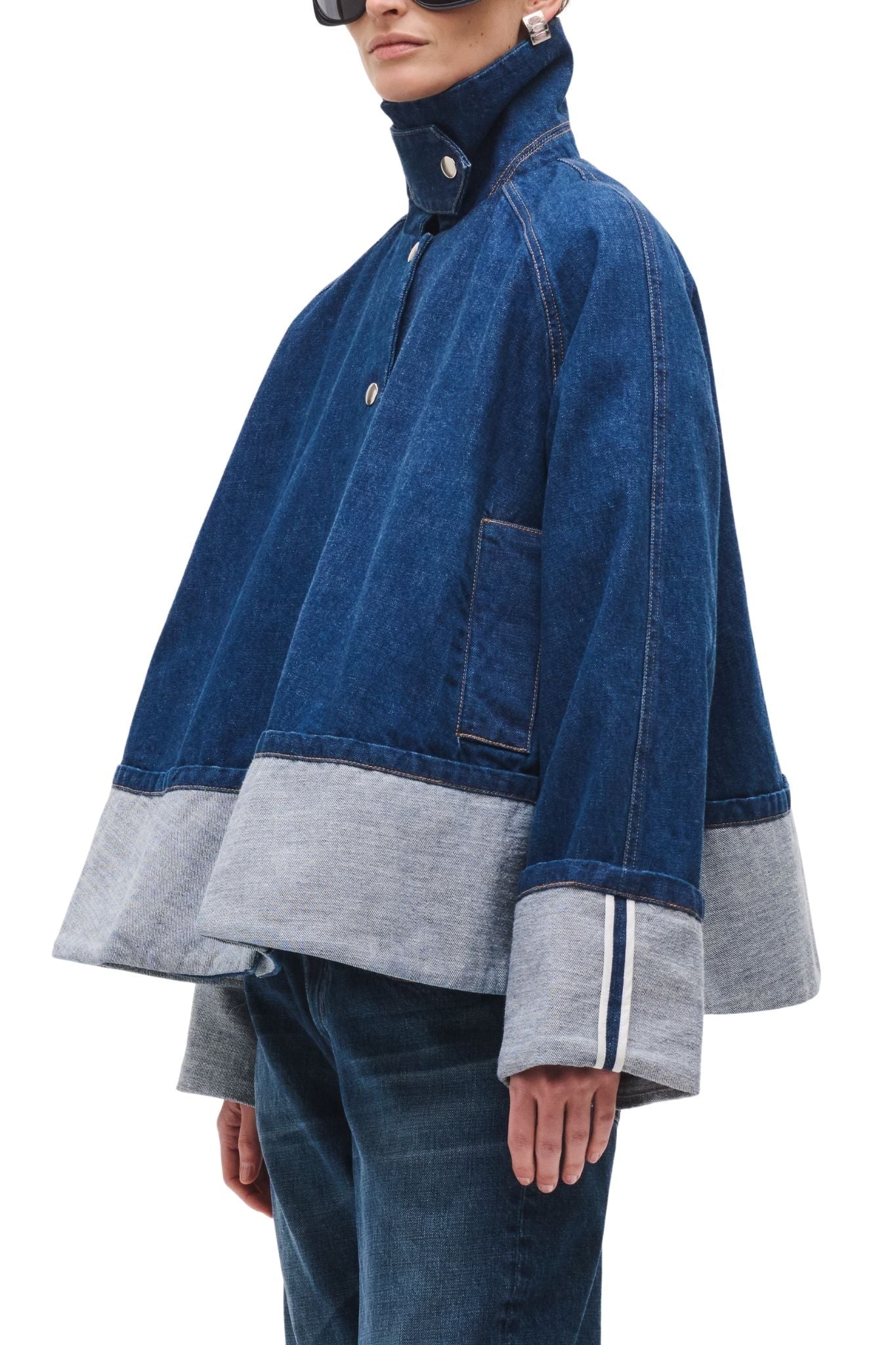 Brandon Maxwell Wells Trapeze Denim Jacket w/ Cuff Detail - Vermillion