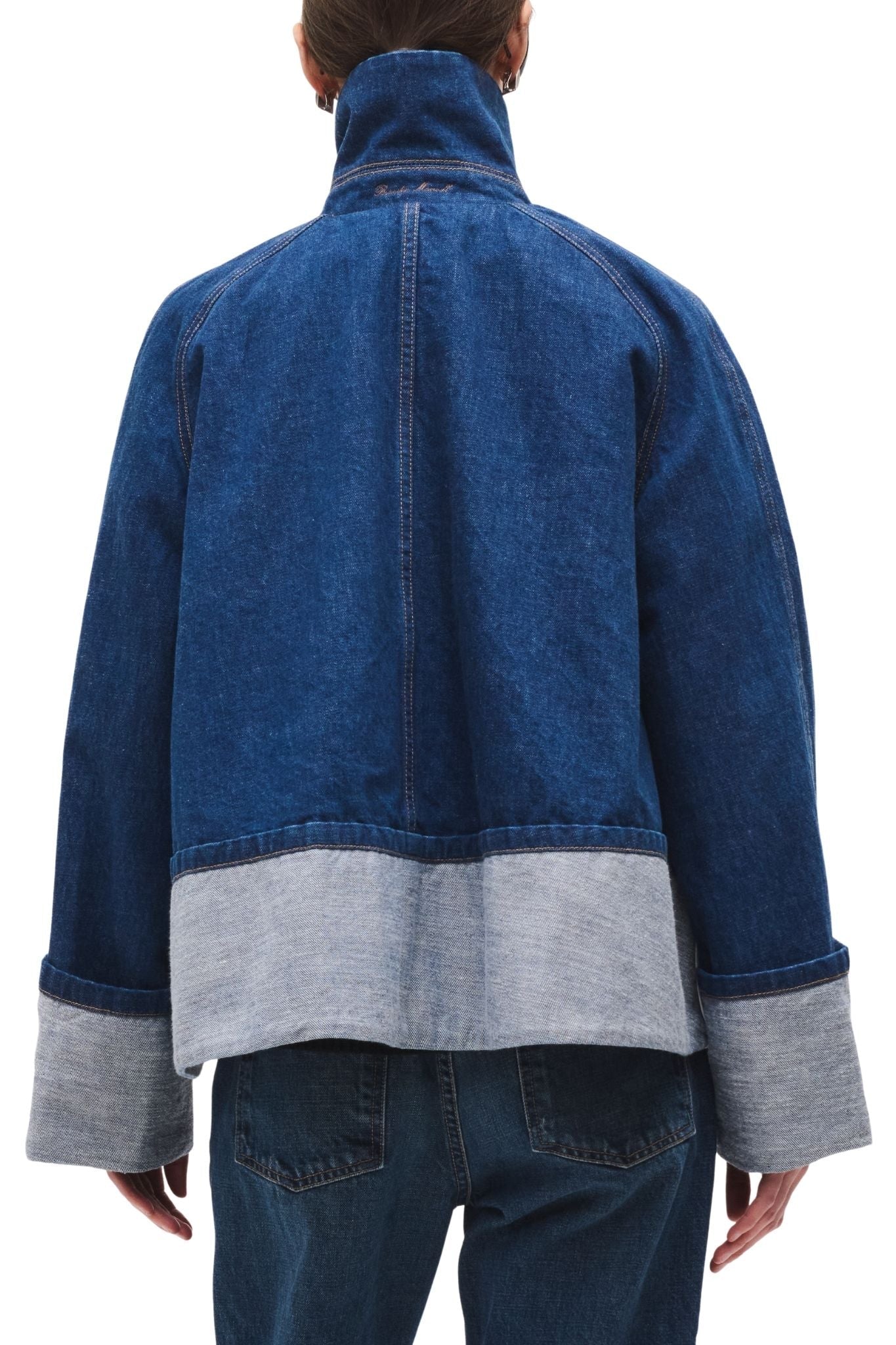 Brandon Maxwell Wells Trapeze Denim Jacket w/ Cuff Detail - Vermillion
