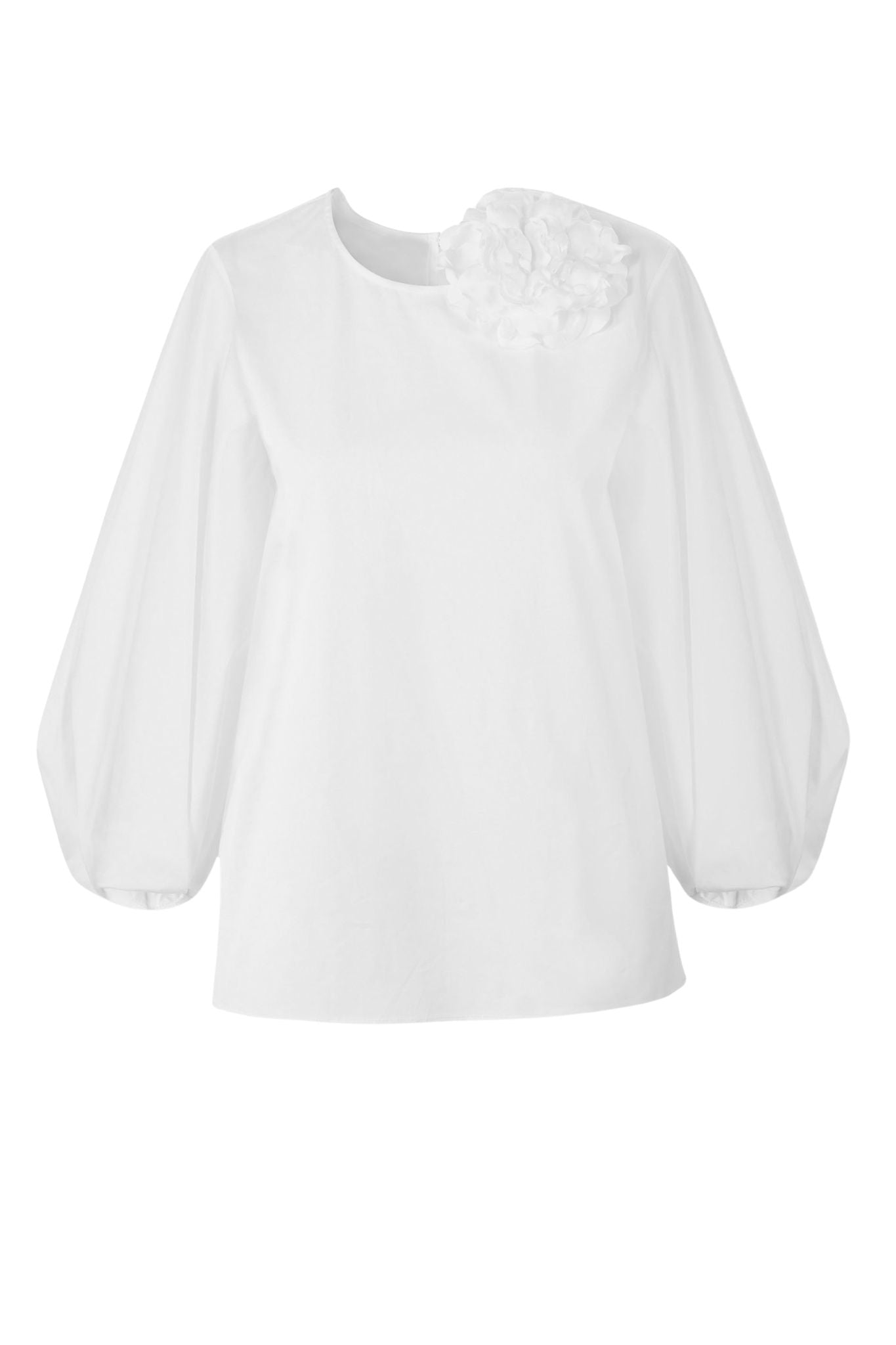 Carolina Herrera Puff Slv Crewneck Top W/ Flower - Vermillion