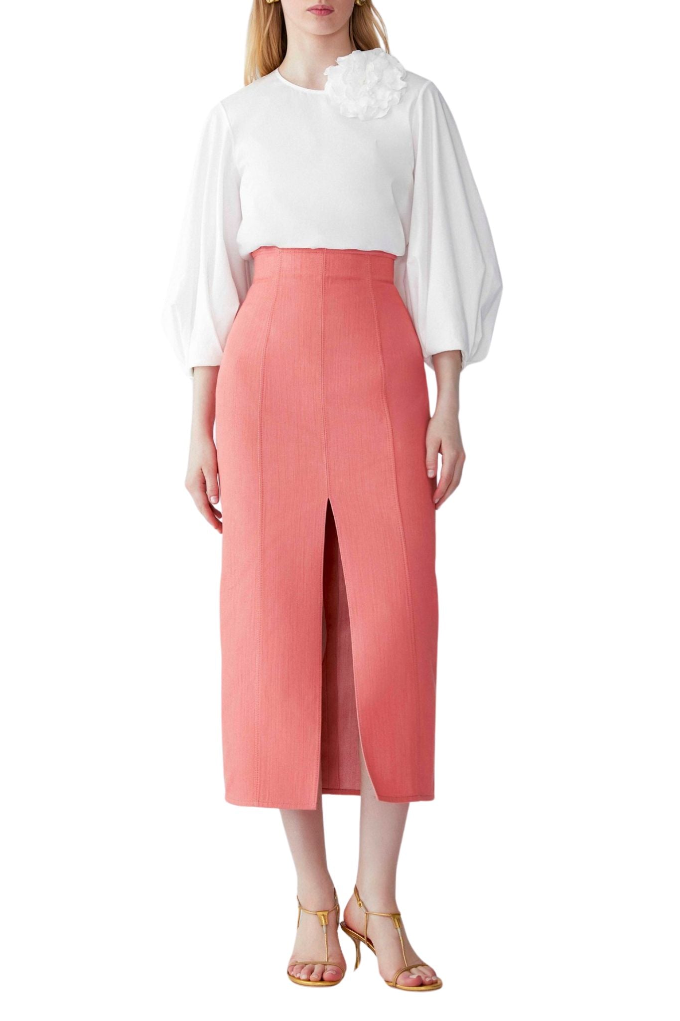 Carolina Herrera Puff Slv Crewneck Top W/ Flower - Vermillion