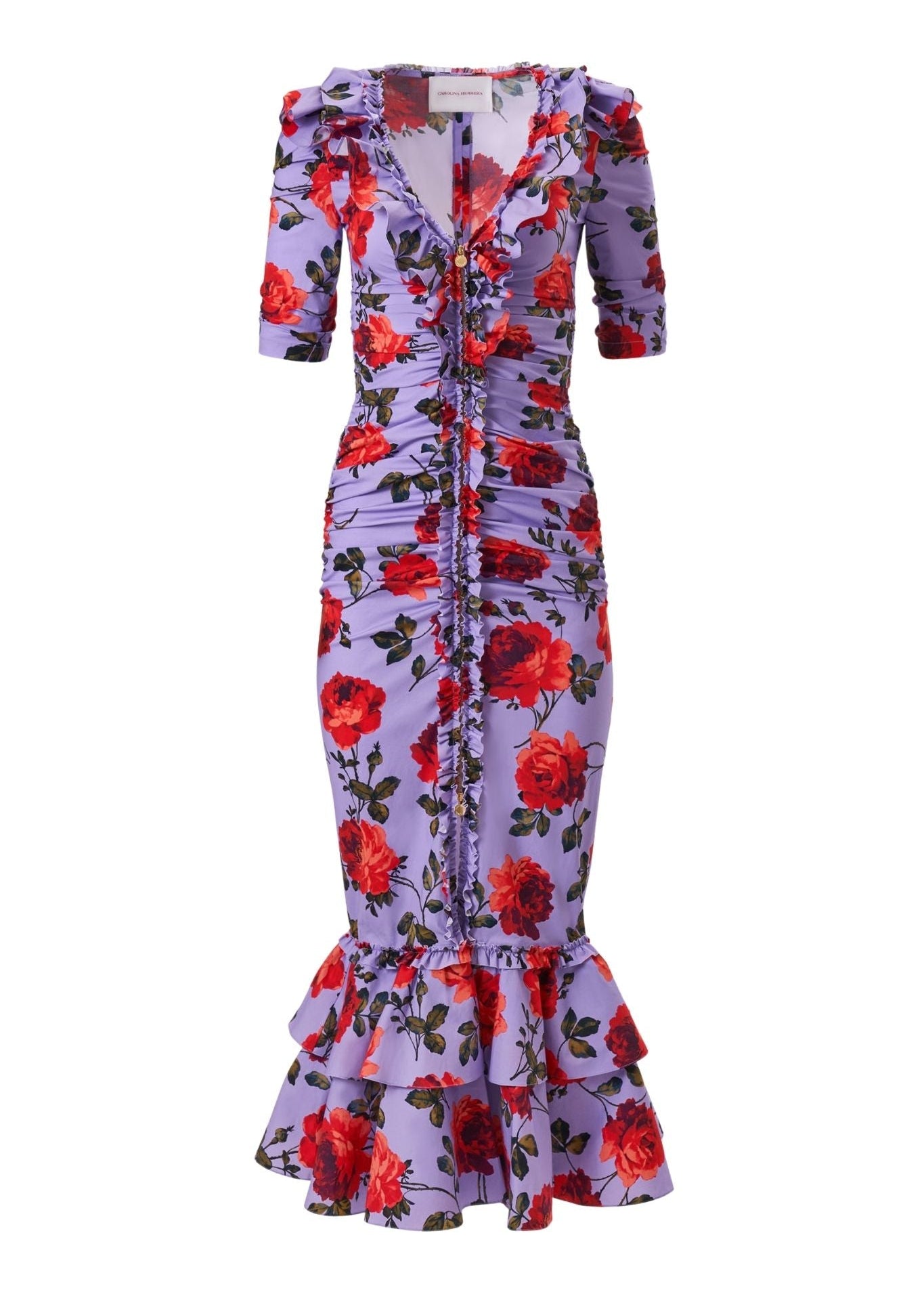 Carolina Herrera SS V - Neck Gathered Midi Dress - Vermillion