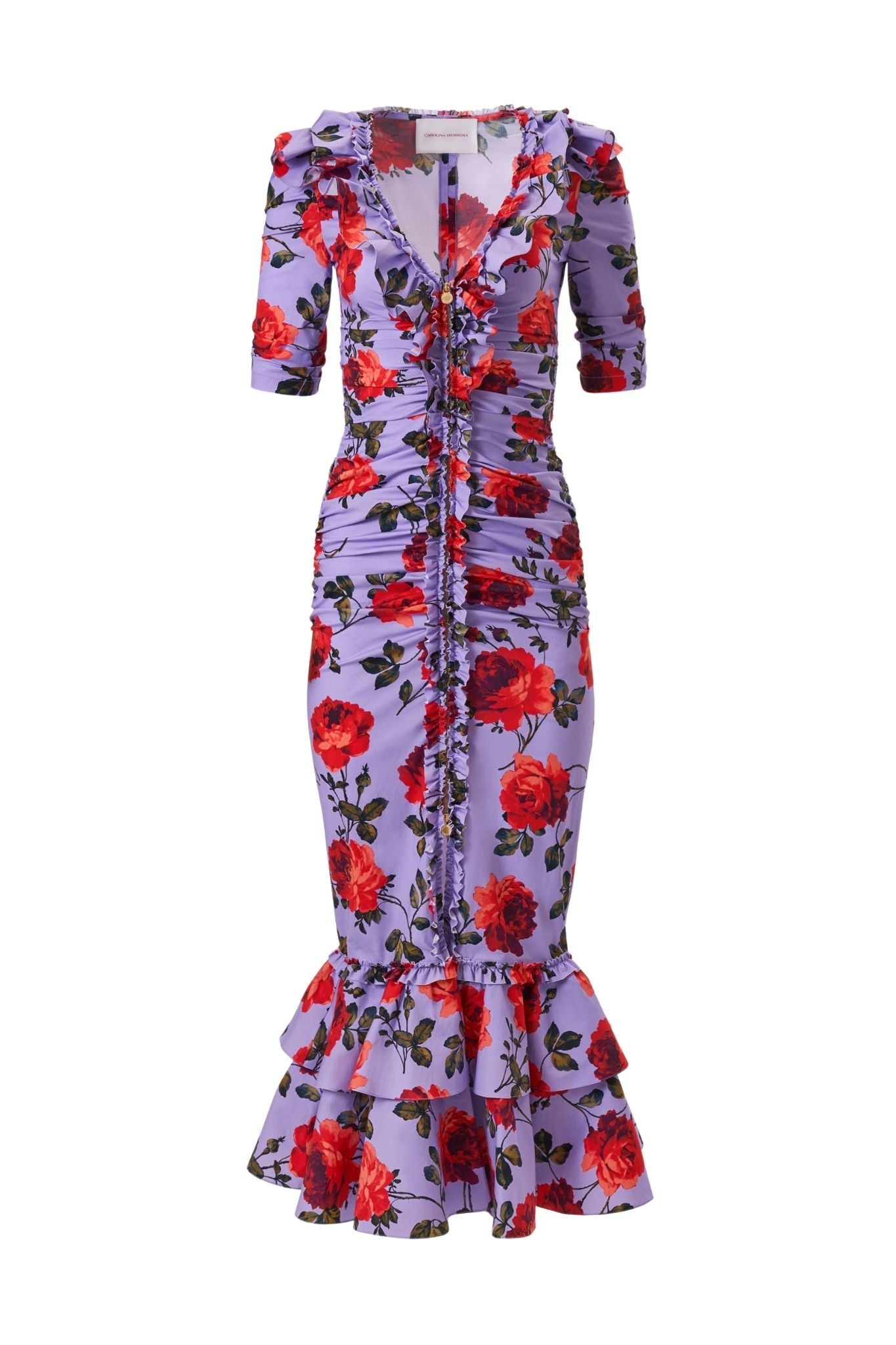 Carolina Herrera SS V - Neck Gathered Midi Dress - Vermillion