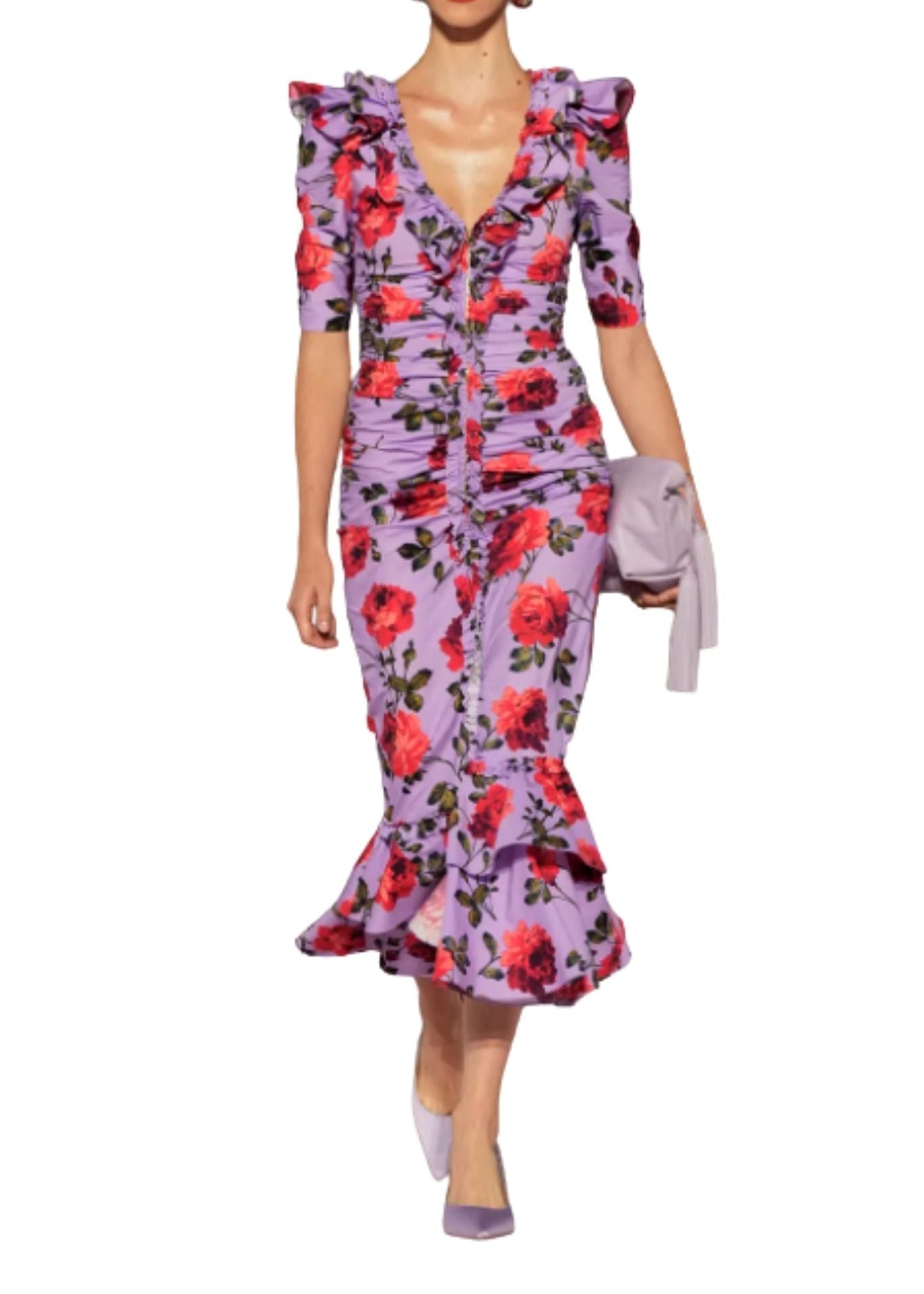 Carolina Herrera SS V - Neck Gathered Midi Dress - Vermillion