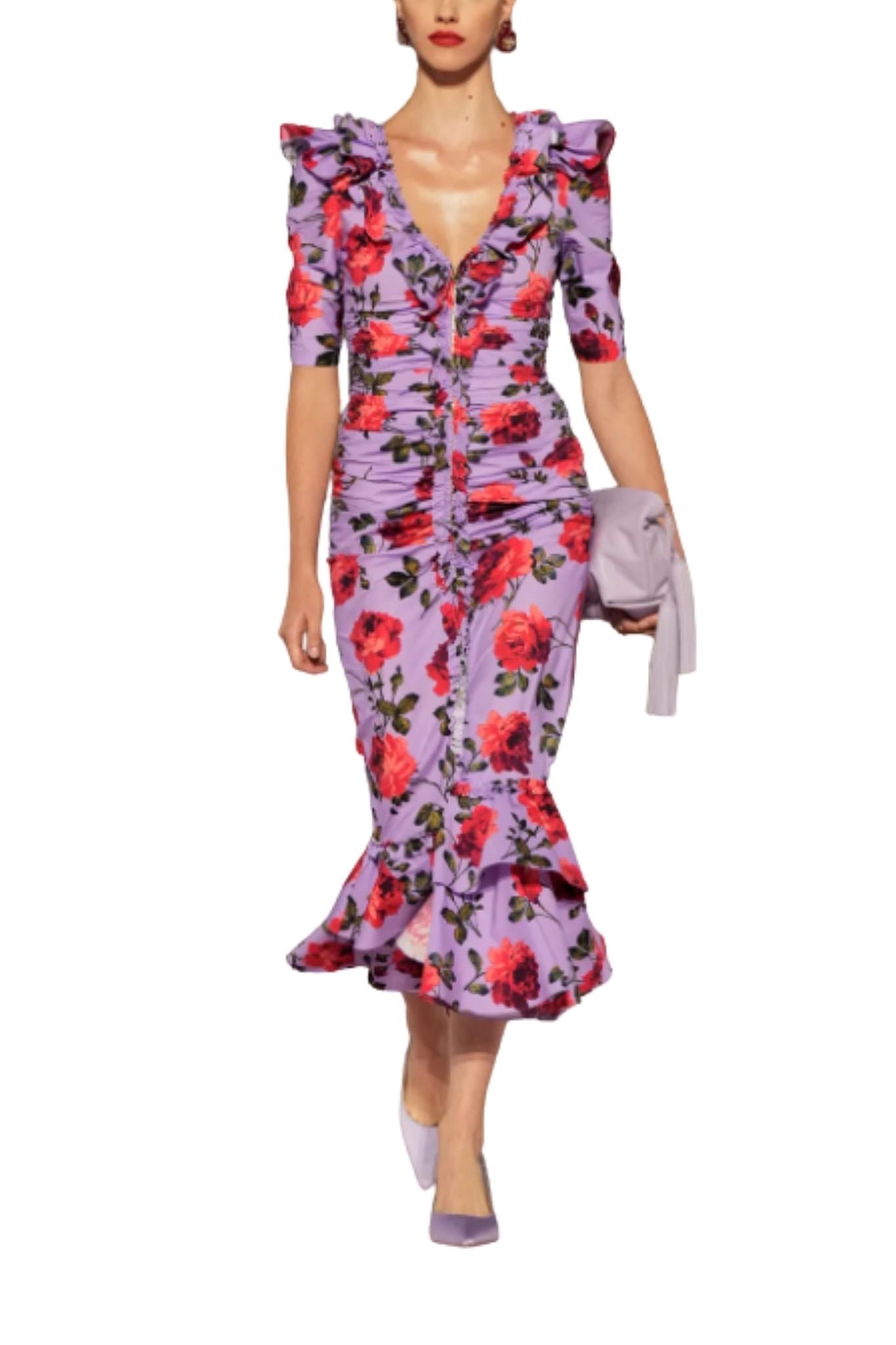 Carolina Herrera SS V - Neck Gathered Midi Dress - Vermillion
