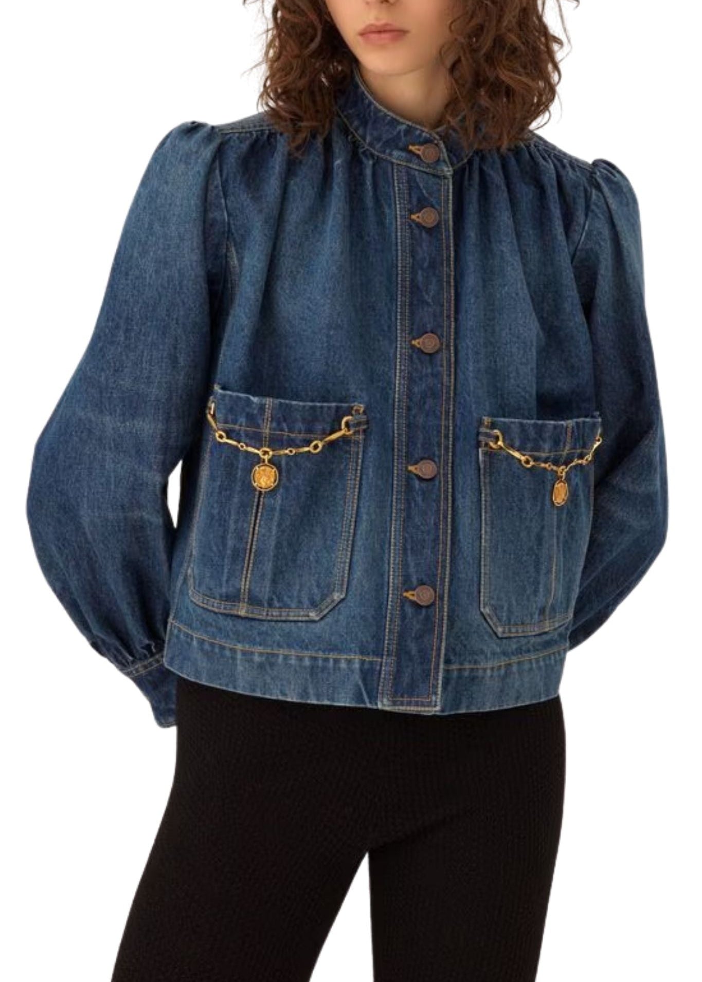 Chloe DV09 High - Neck Gathered Jacket in Denim - Vermillion