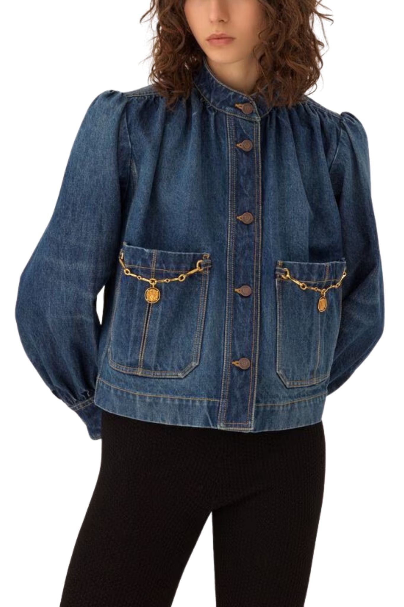 Chloe DV09 High - Neck Gathered Jacket in Denim - Vermillion