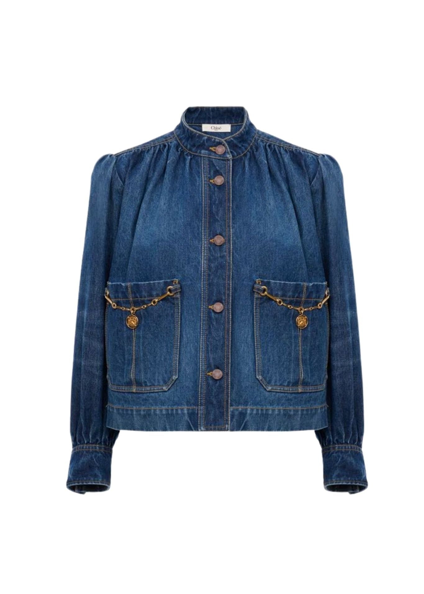 Chloe DV09 High - Neck Gathered Jacket in Denim - Vermillion