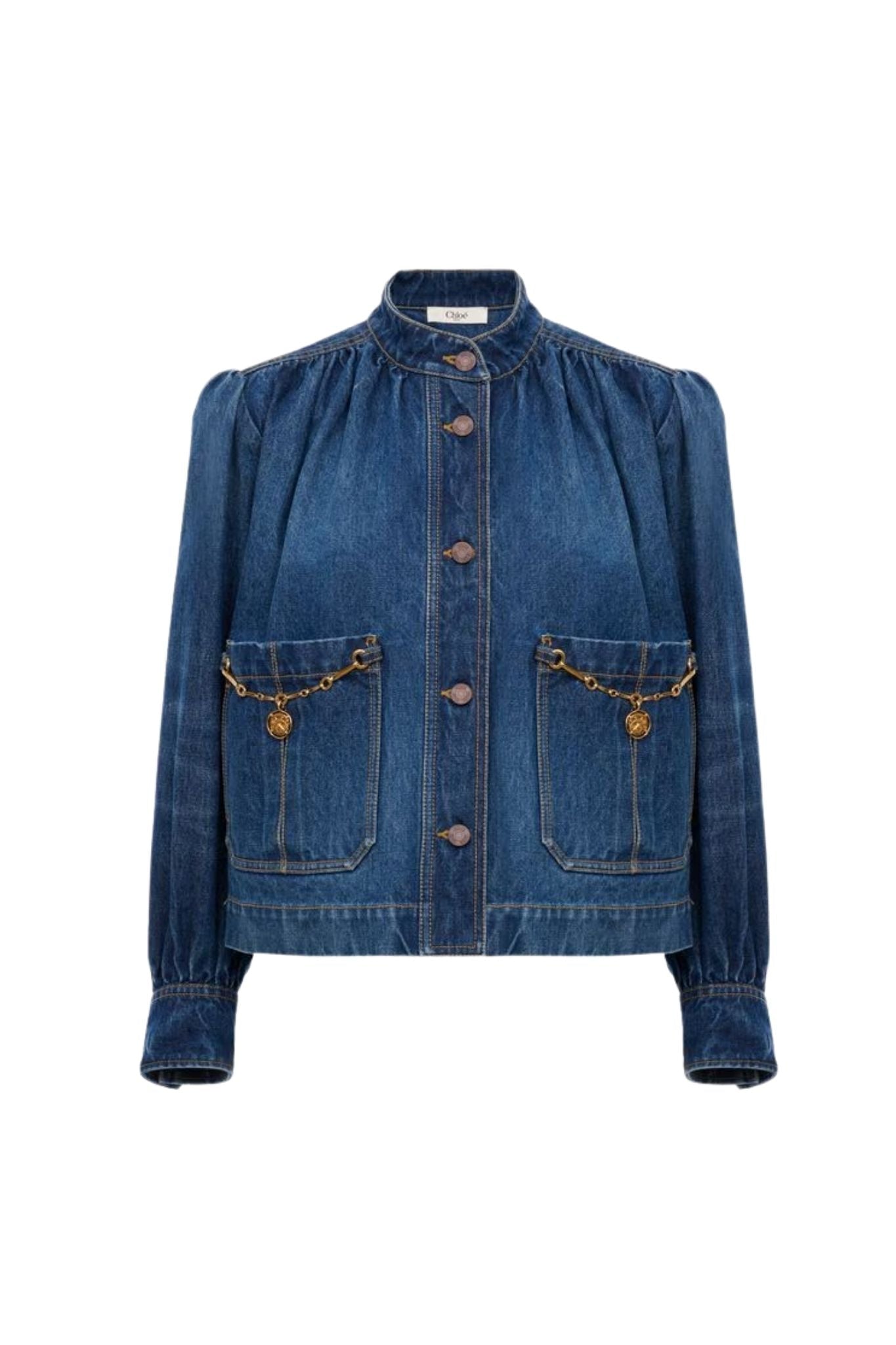 Chloe DV09 High - Neck Gathered Jacket in Denim - Vermillion