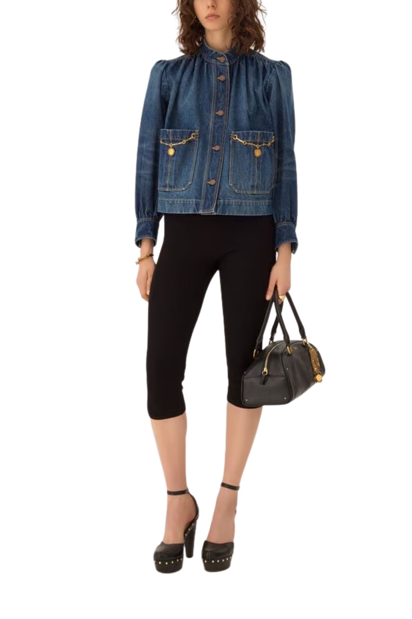 Chloe DV09 High - Neck Gathered Jacket in Denim - Vermillion
