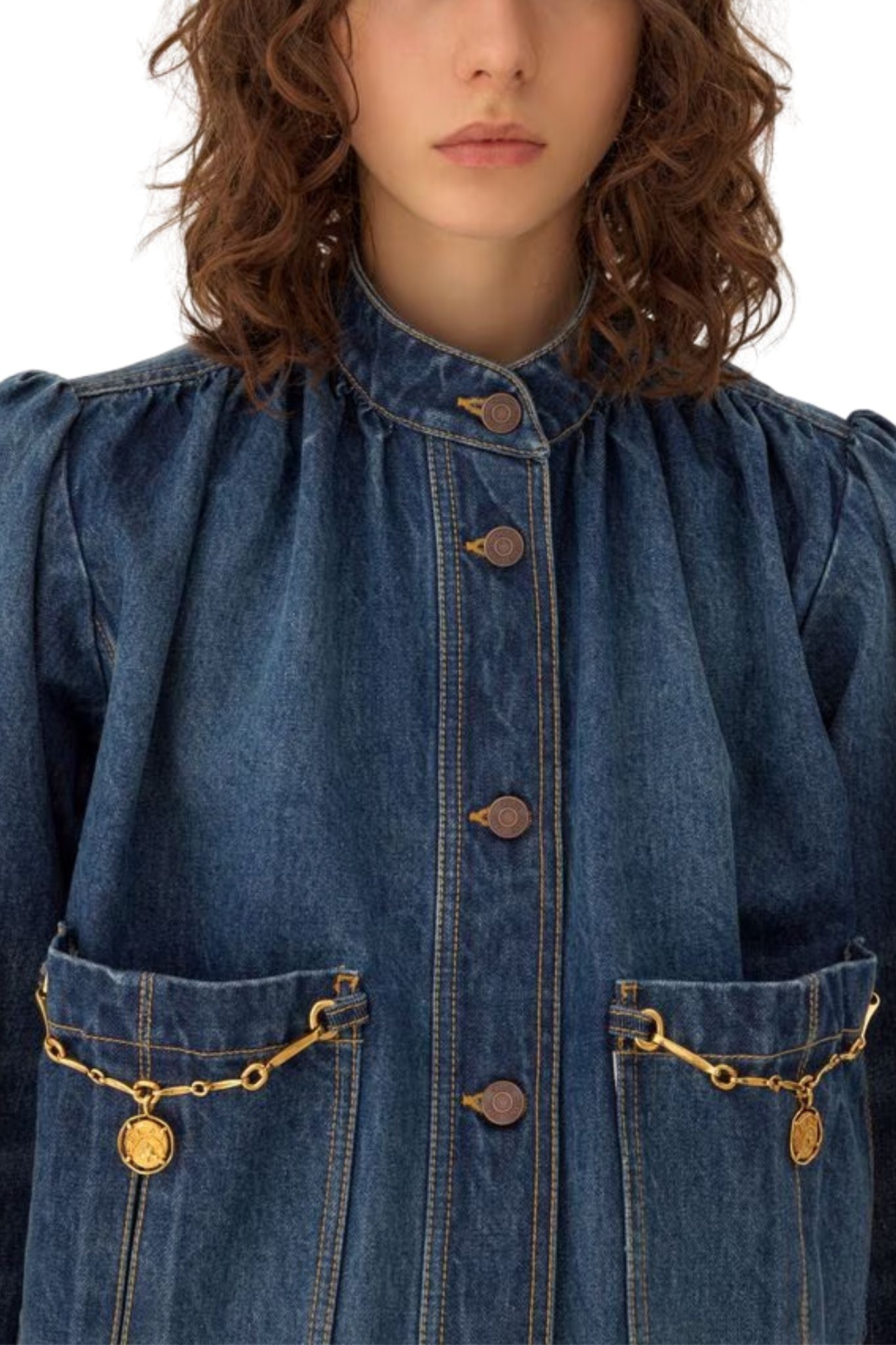 Chloe DV09 High - Neck Gathered Jacket in Denim - Vermillion