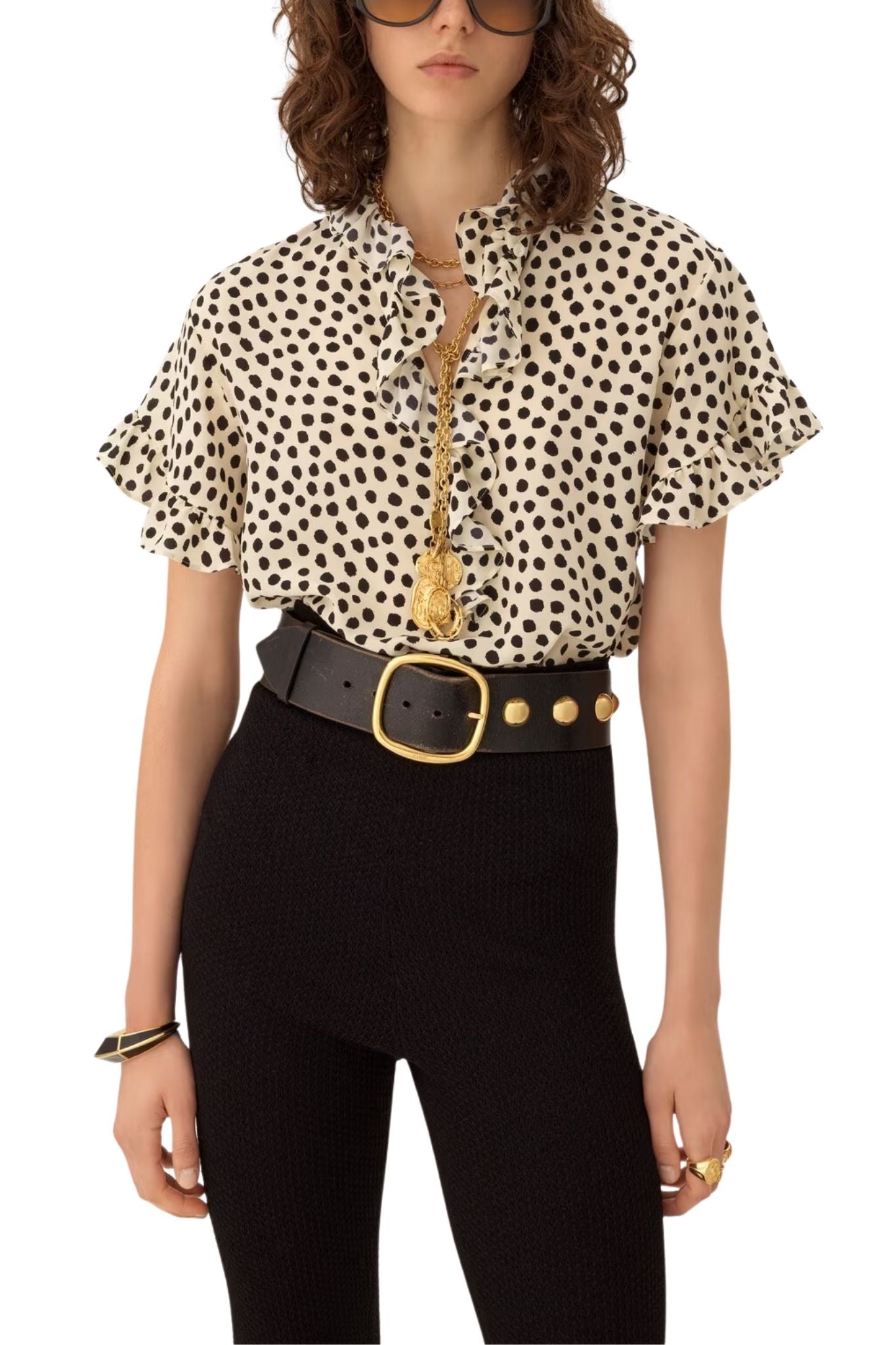 Chloe HT33 Short - sleeve Ruffle Top In Crêpe De Chine - Vermillion