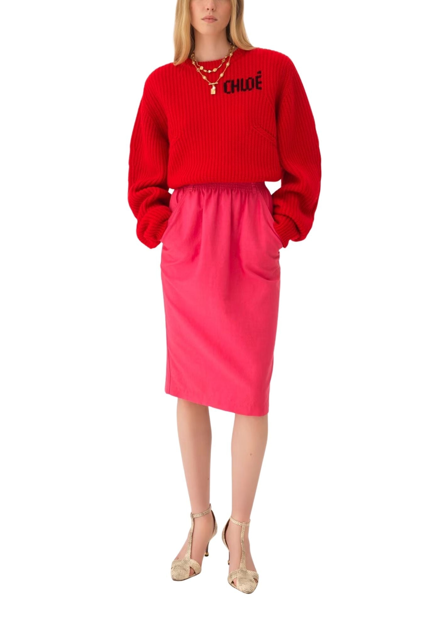 Chloe JU26 Midi Pencil Skirt In Cotton - Mix Gabardine - Vermillion