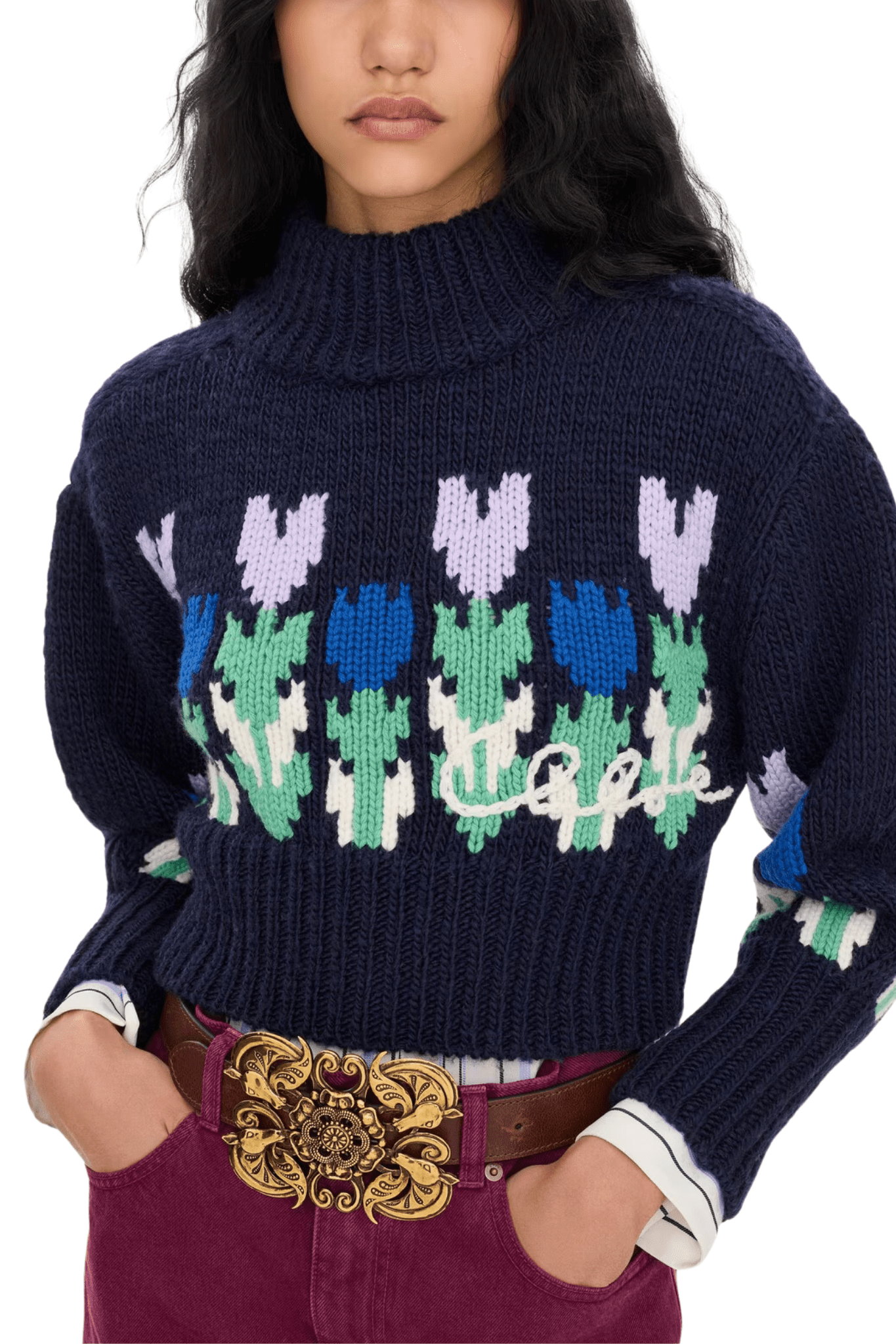 Chloe MP41 Cropped Mock-Neck Logo Sweater in a Wool Knit - Vermillion