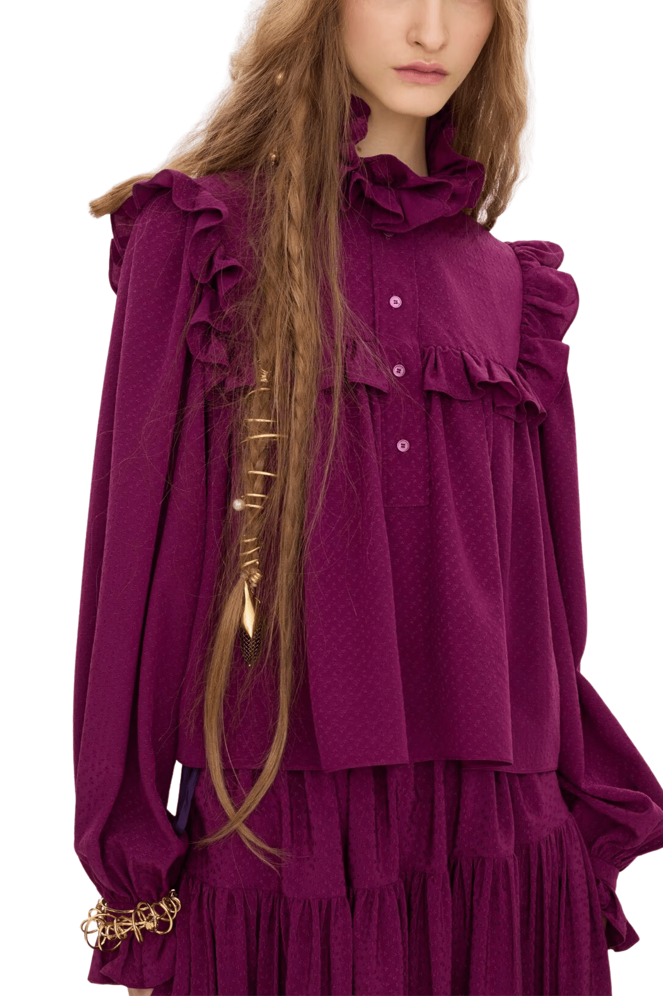 Chloe Ruffled High-neck Top in Silk Jacquard - Vermillion