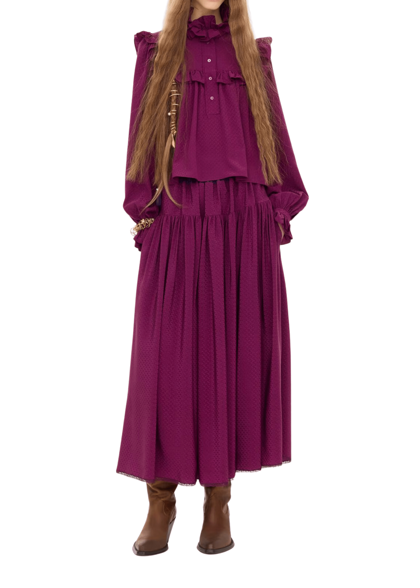 Chloe Ruffled High-neck Top in Silk Jacquard - Vermillion