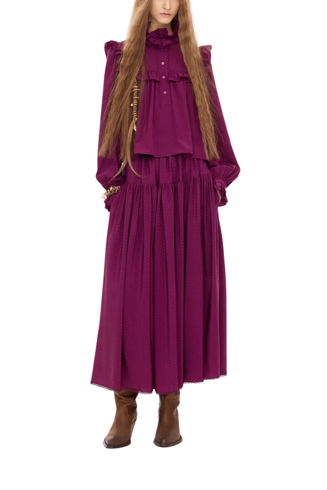 Chloe Ruffled High-neck Top in Silk Jacquard - Vermillion